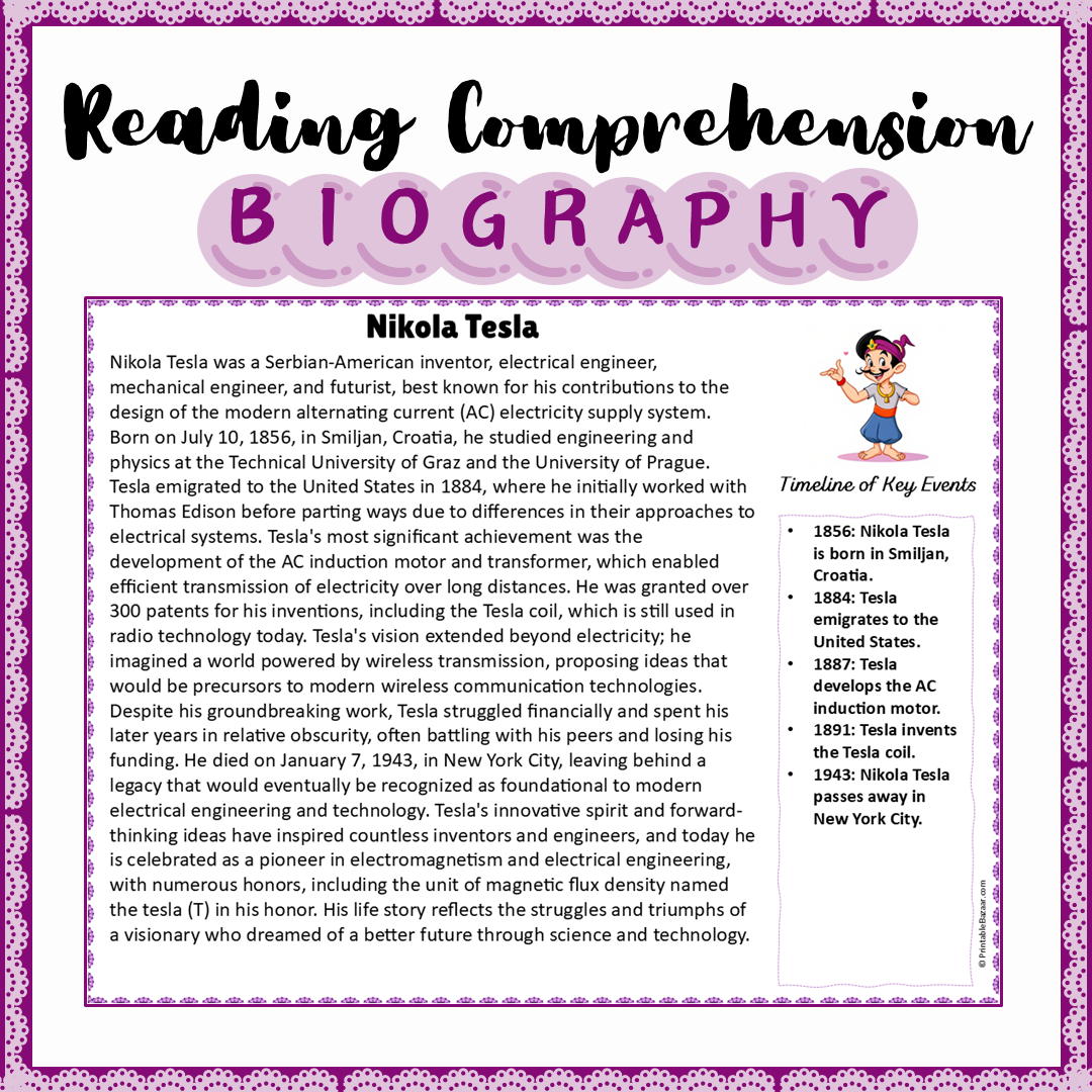 Nikola Tesla | Biography Reading Comprehension and Questions Worksheet