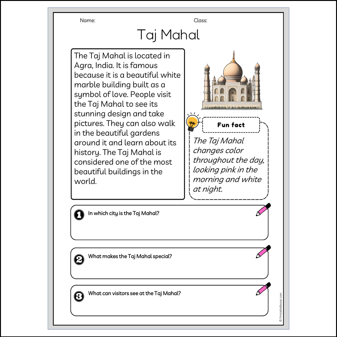 Taj Mahal | Reading Passage Comprehension Questions Writing Facts Worksheet
