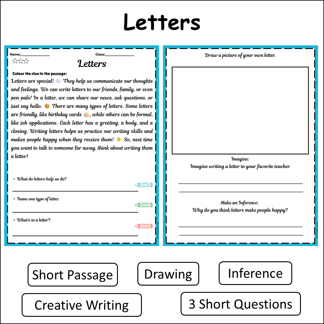 Letters | Short Reading Comprehension Creative Worksheet