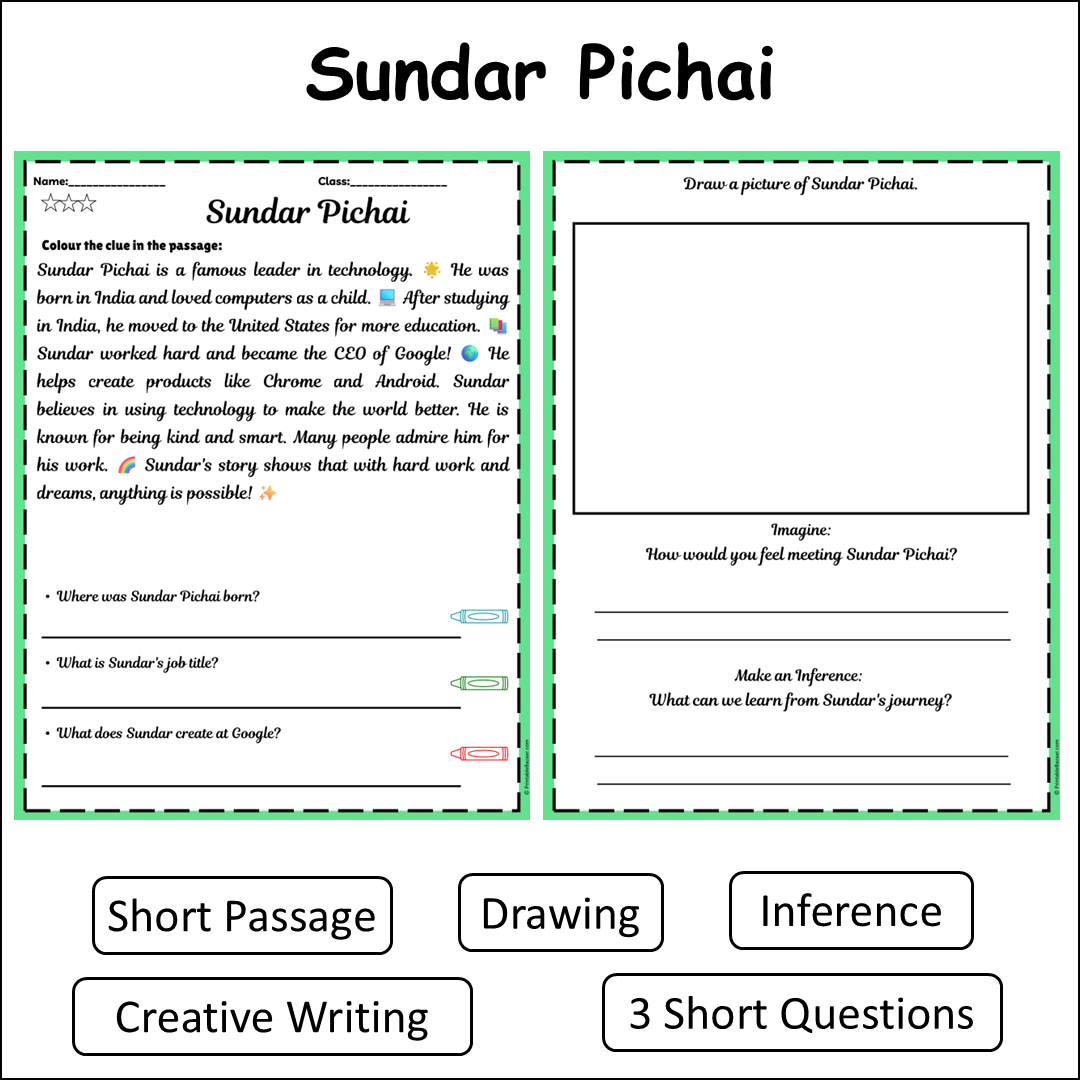 Sundar Pichai | Short Reading Comprehension Creative Worksheet