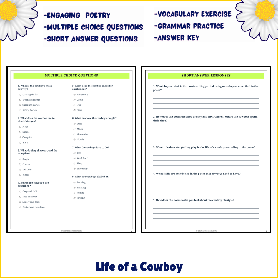 Life of a Cowboy | Poem Grammar Worksheet Printable Activity