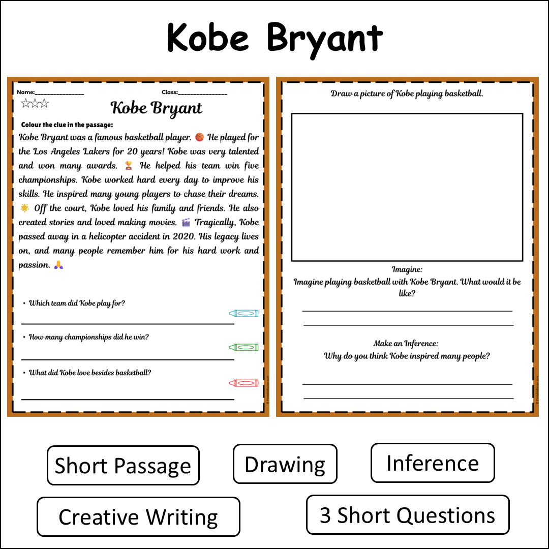 Kobe Bryant | Short Reading Comprehension Creative Worksheet