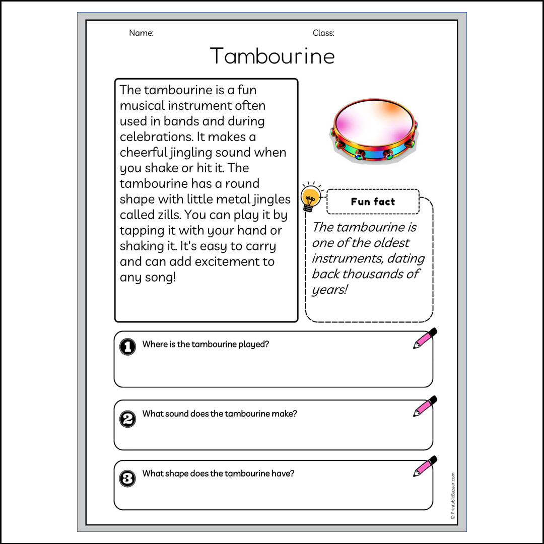 Tambourine | Reading Passage Comprehension Questions Writing Facts Worksheet