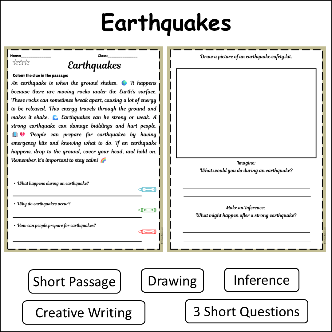 Earthquakes | Short Reading Comprehension Creative Worksheet