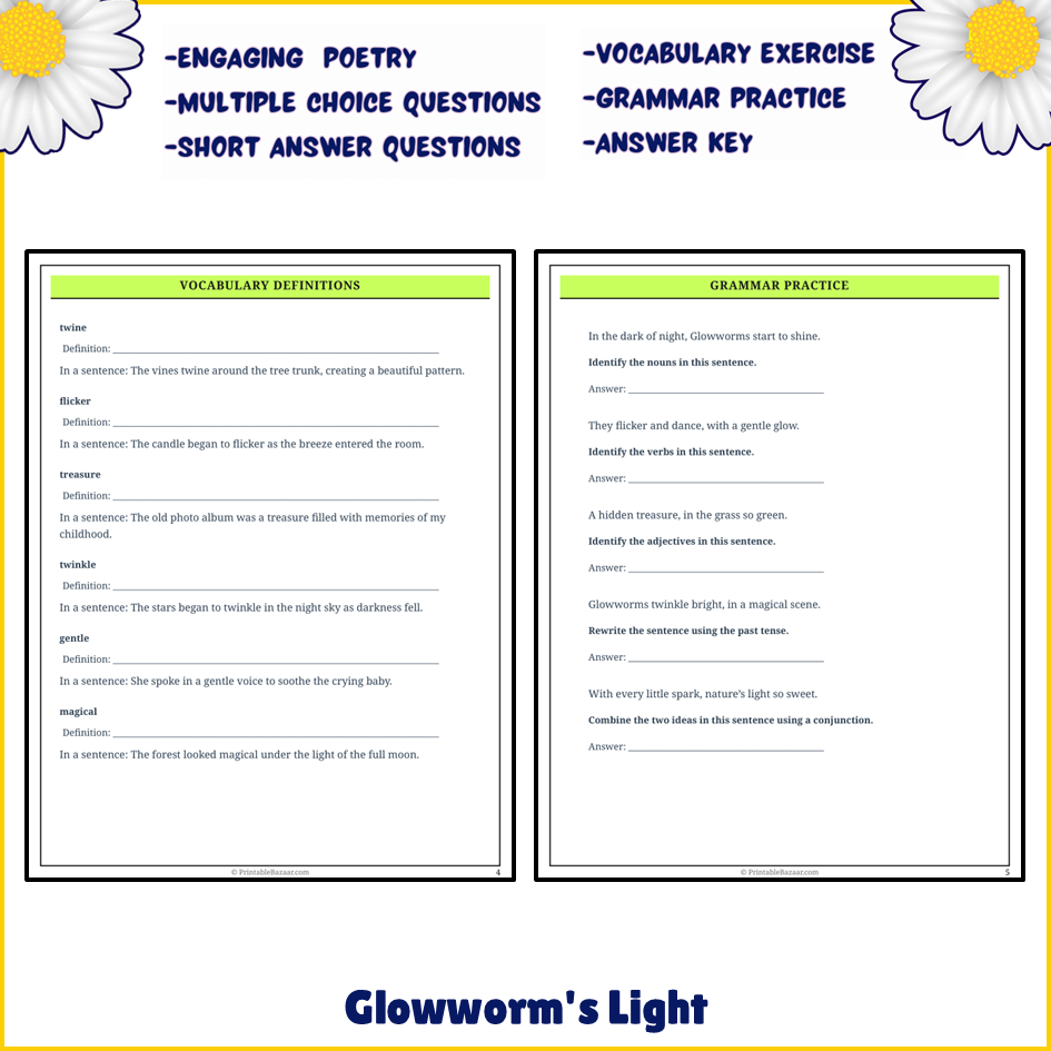 Glowworm's Light | Poem Grammar Worksheet Printable Activity