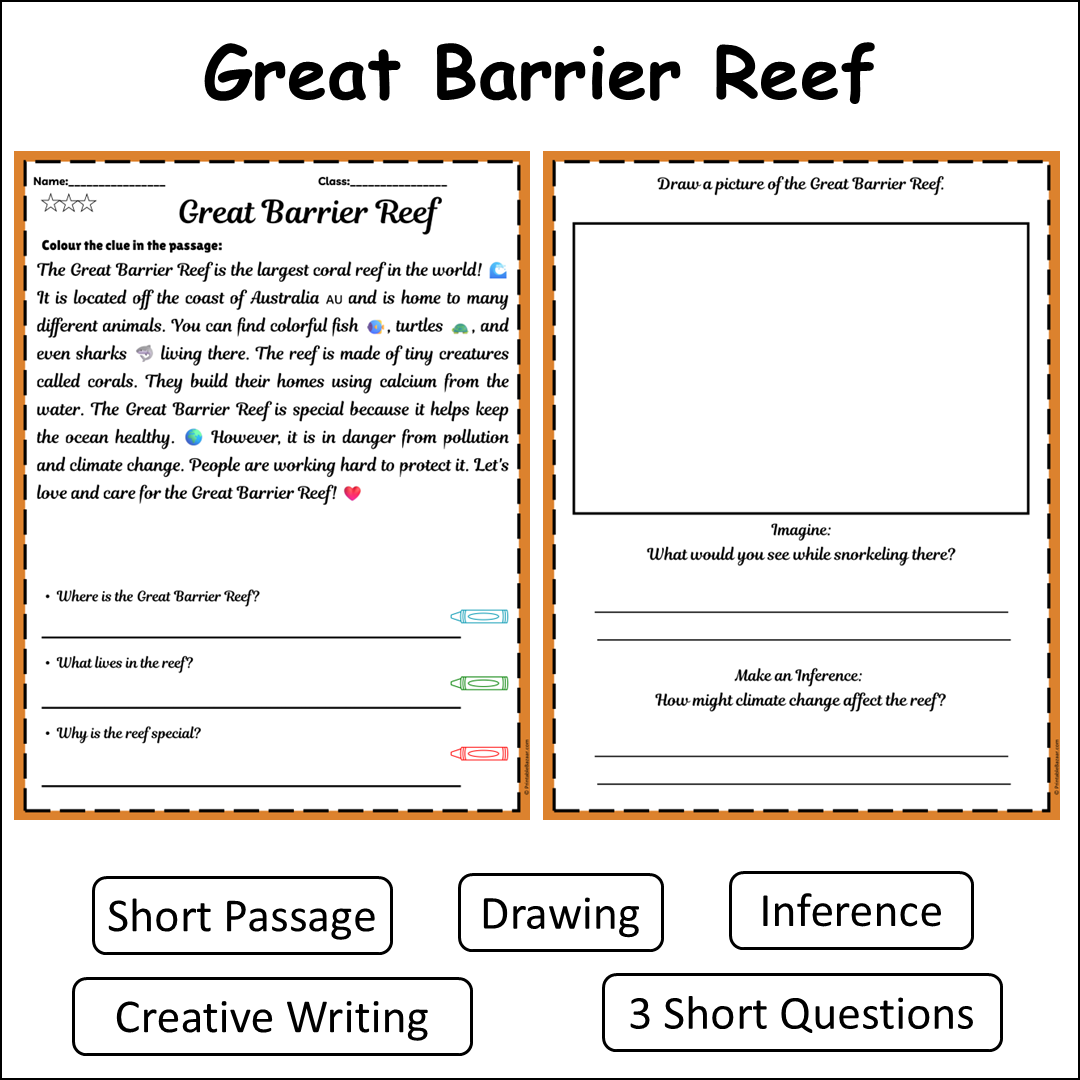 Great Barrier Reef | Short Reading Comprehension Creative Worksheet