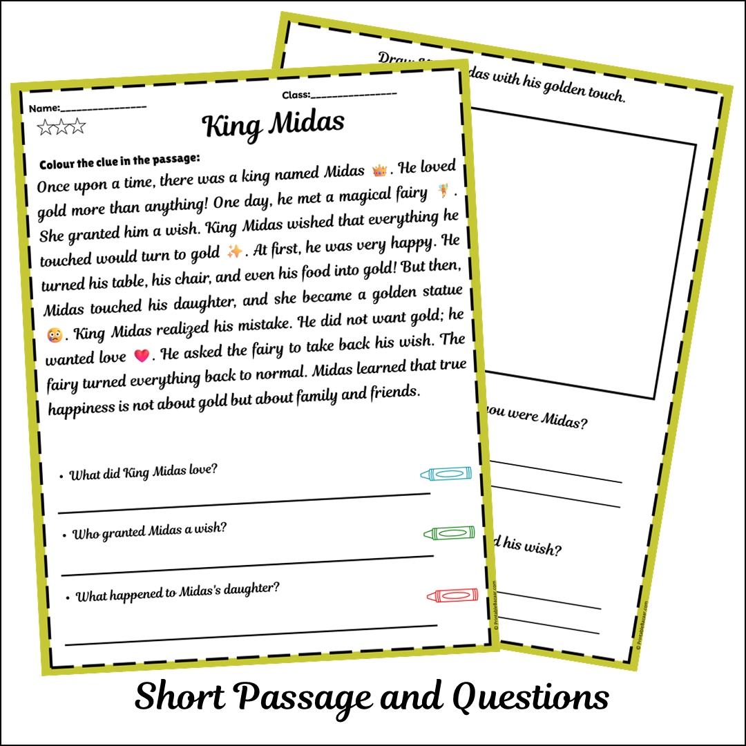 King Midas | Short Reading Comprehension Creative Worksheet