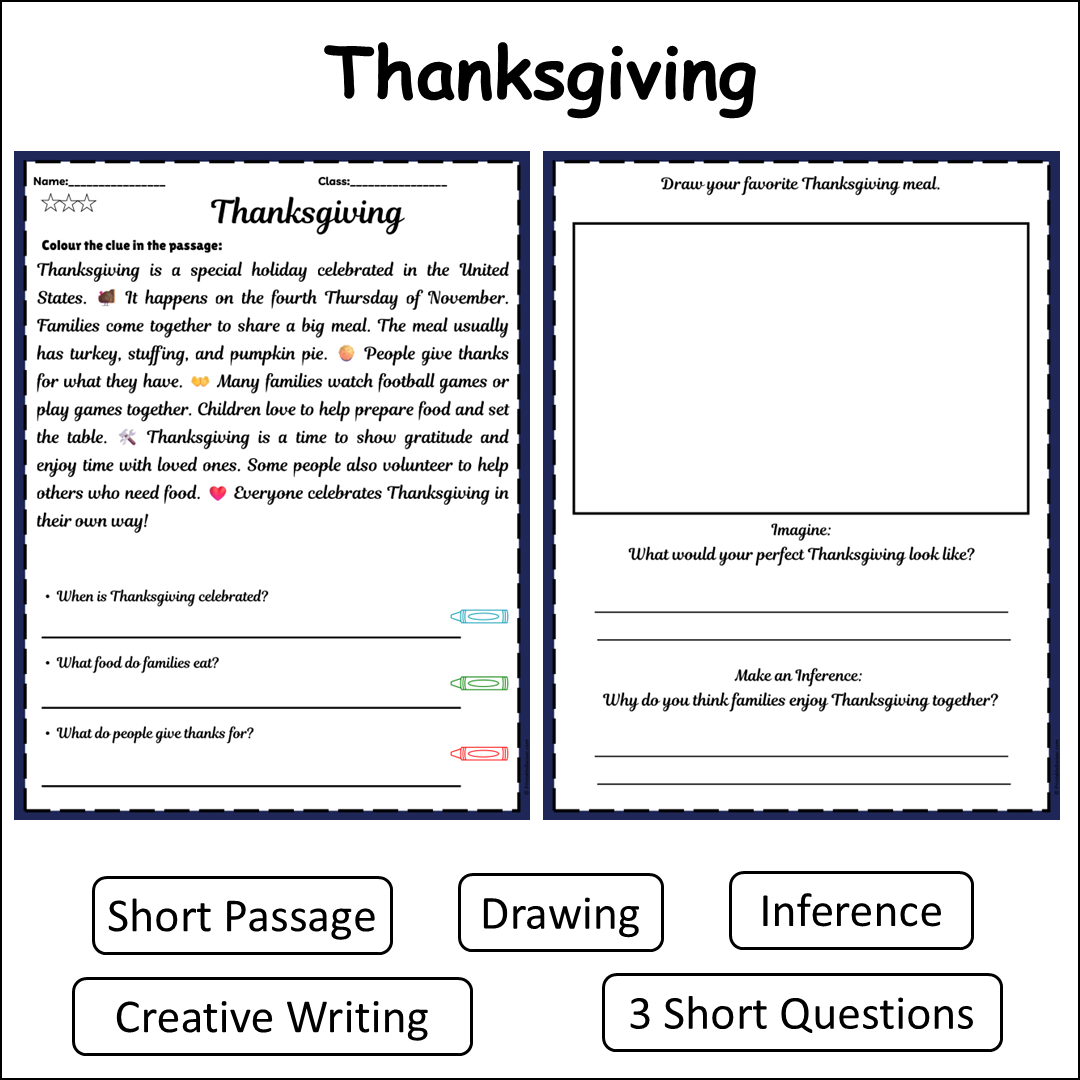 Thanksgiving | Short Reading Comprehension Creative Worksheet