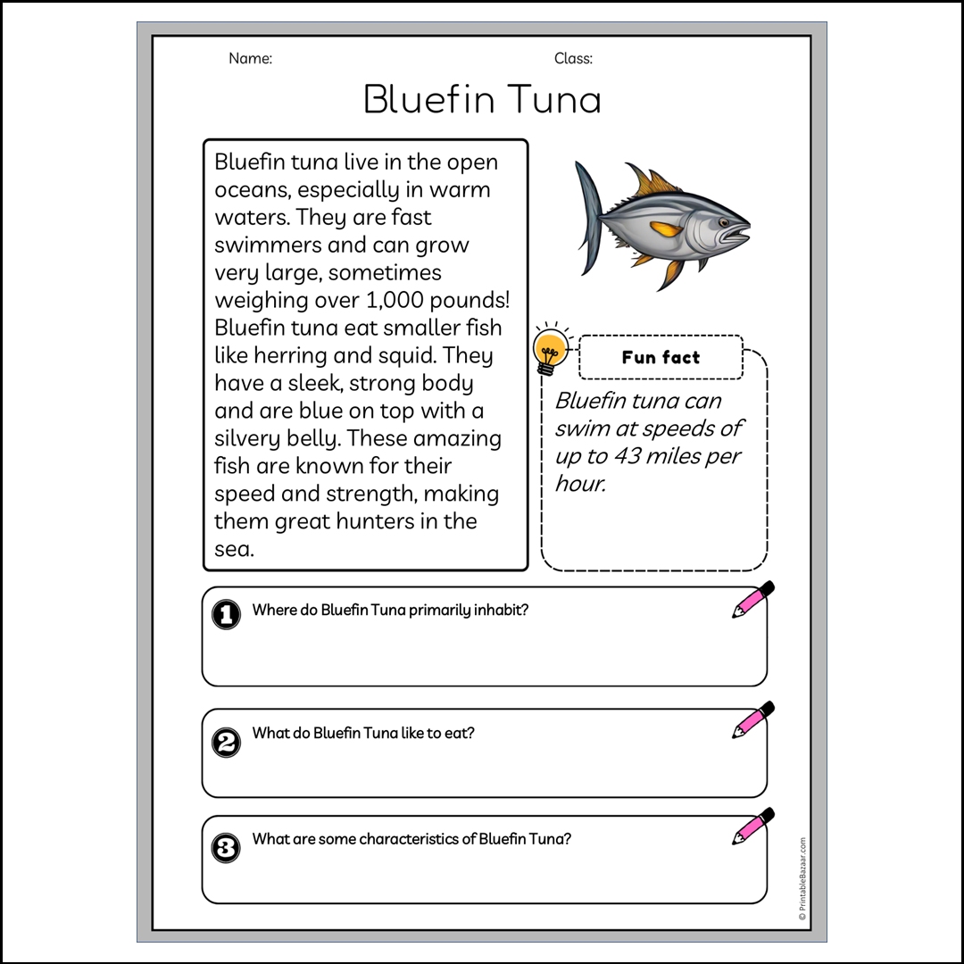 Bluefin Tuna | Reading Passage Comprehension Questions Writing Facts Worksheet