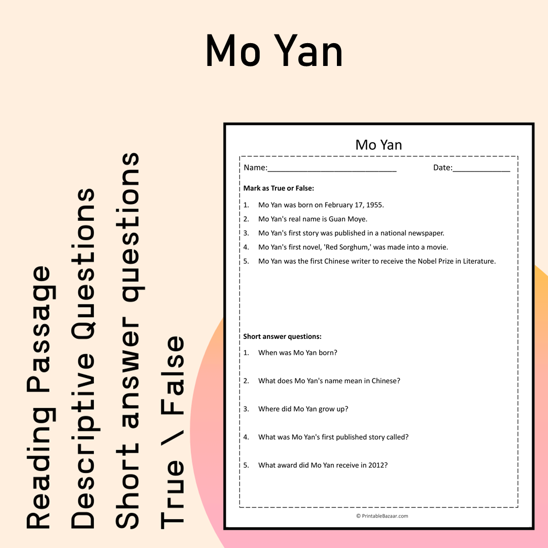 Mo Yan | Reading Comprehension Passage Printable Activity