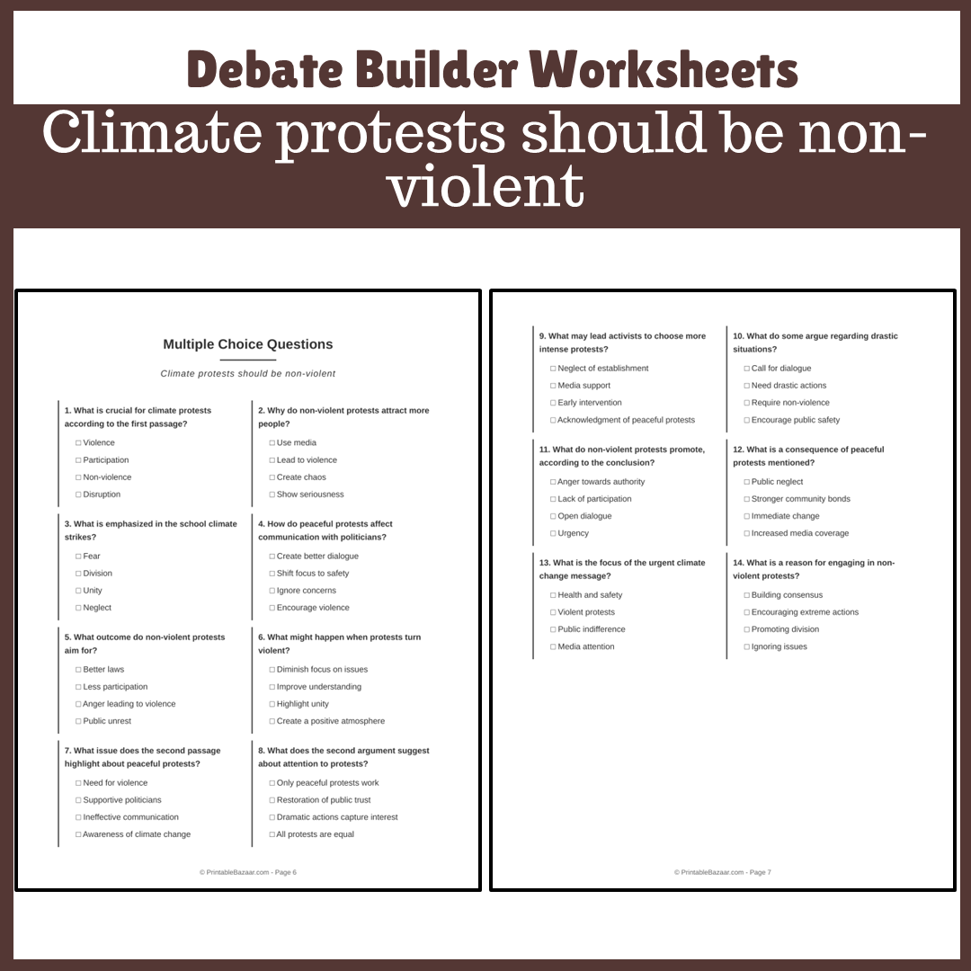 Climate protests should be non-violent | Favour and Against Worksheet Printable Activity
