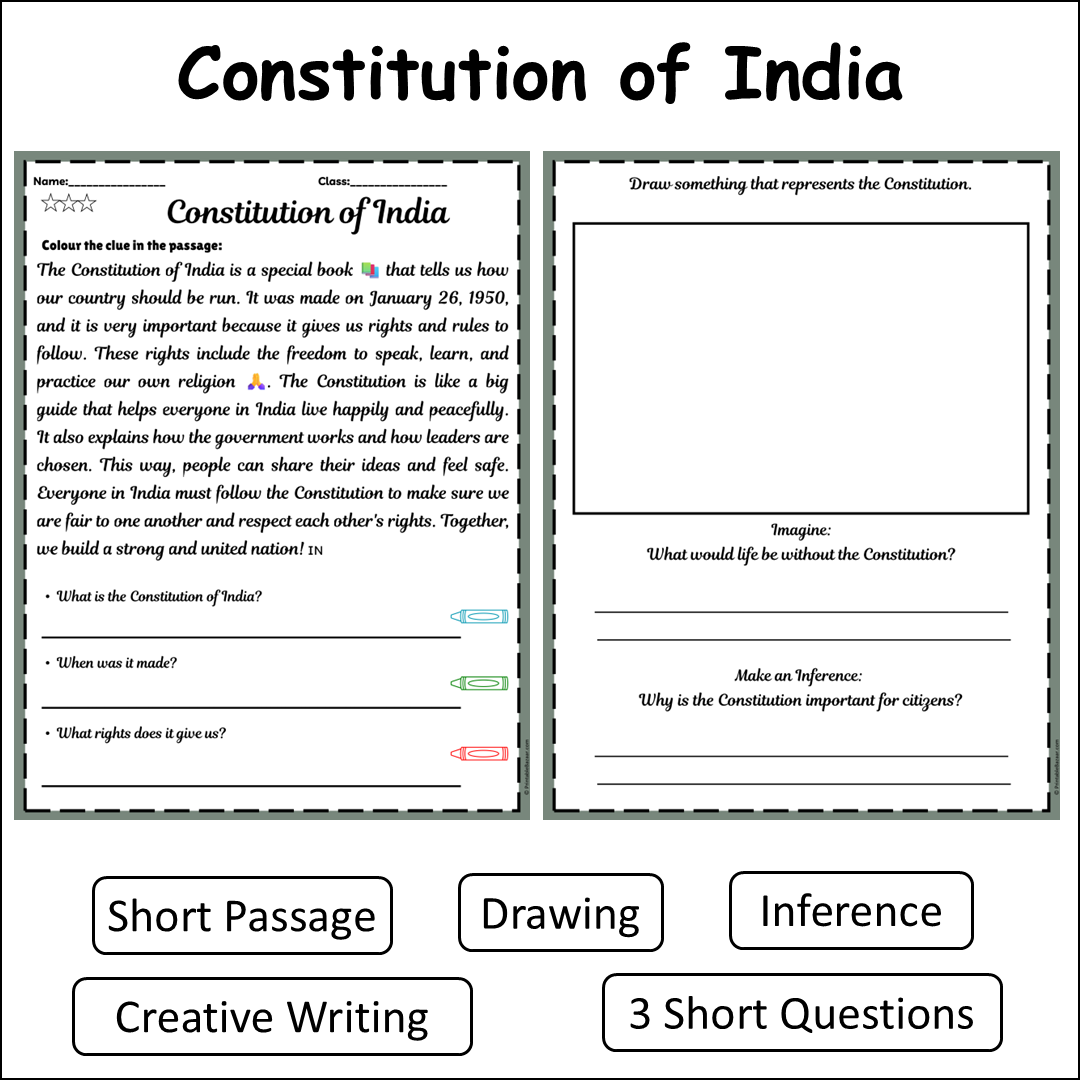 Constitution of India | Short Reading Comprehension Creative Worksheet