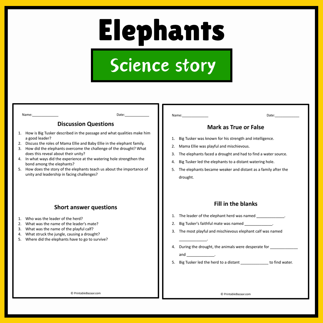 Elephants | Science Story Reading Comprehension Activity