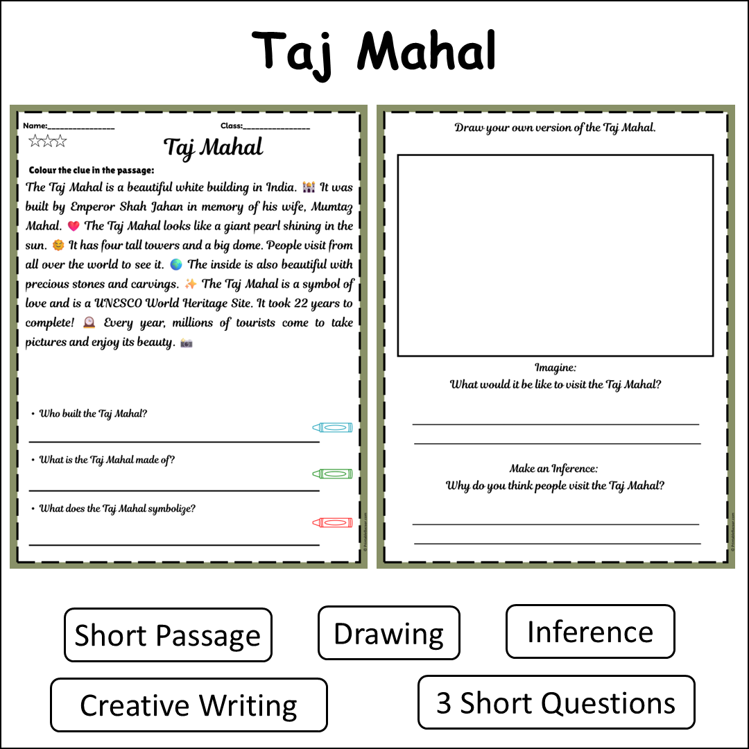 Taj Mahal | Short Reading Comprehension Creative Worksheet