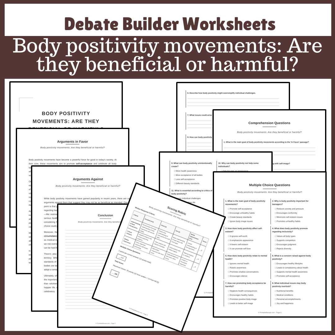 Body positivity movements: Are they beneficial or harmful? | Favour and Against Worksheet Printable Activity