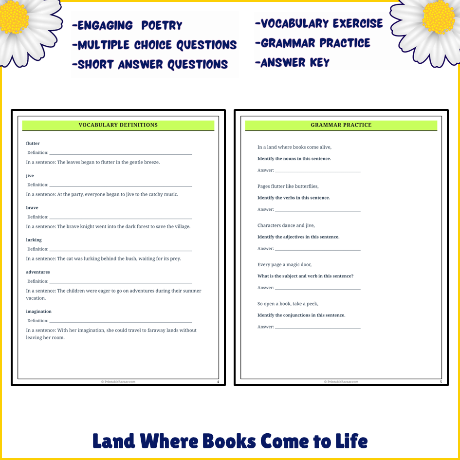 Land Where Books Come to Life | Poem Grammar Worksheet Printable Activity