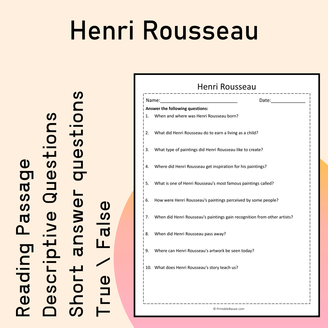 Henri Rousseau | Reading Comprehension Passage Printable Activity