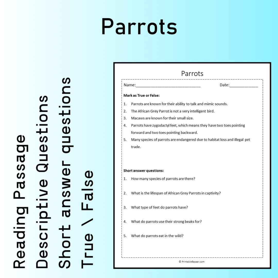 Parrots | Reading Comprehension Passage Printable Worksheet