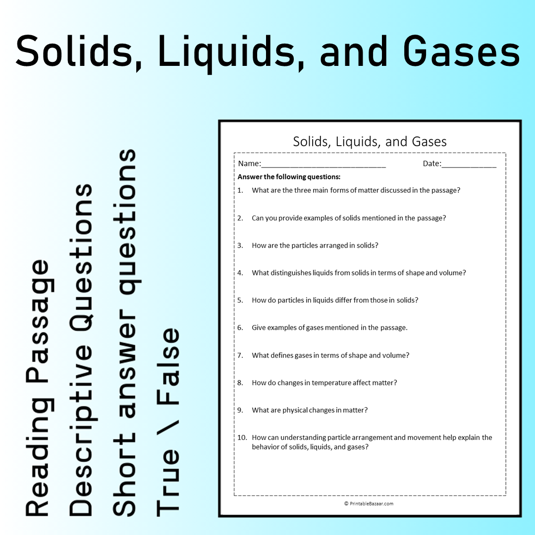 Solids, Liquids, and Gases | Reading Comprehension Passage Printable Worksheet