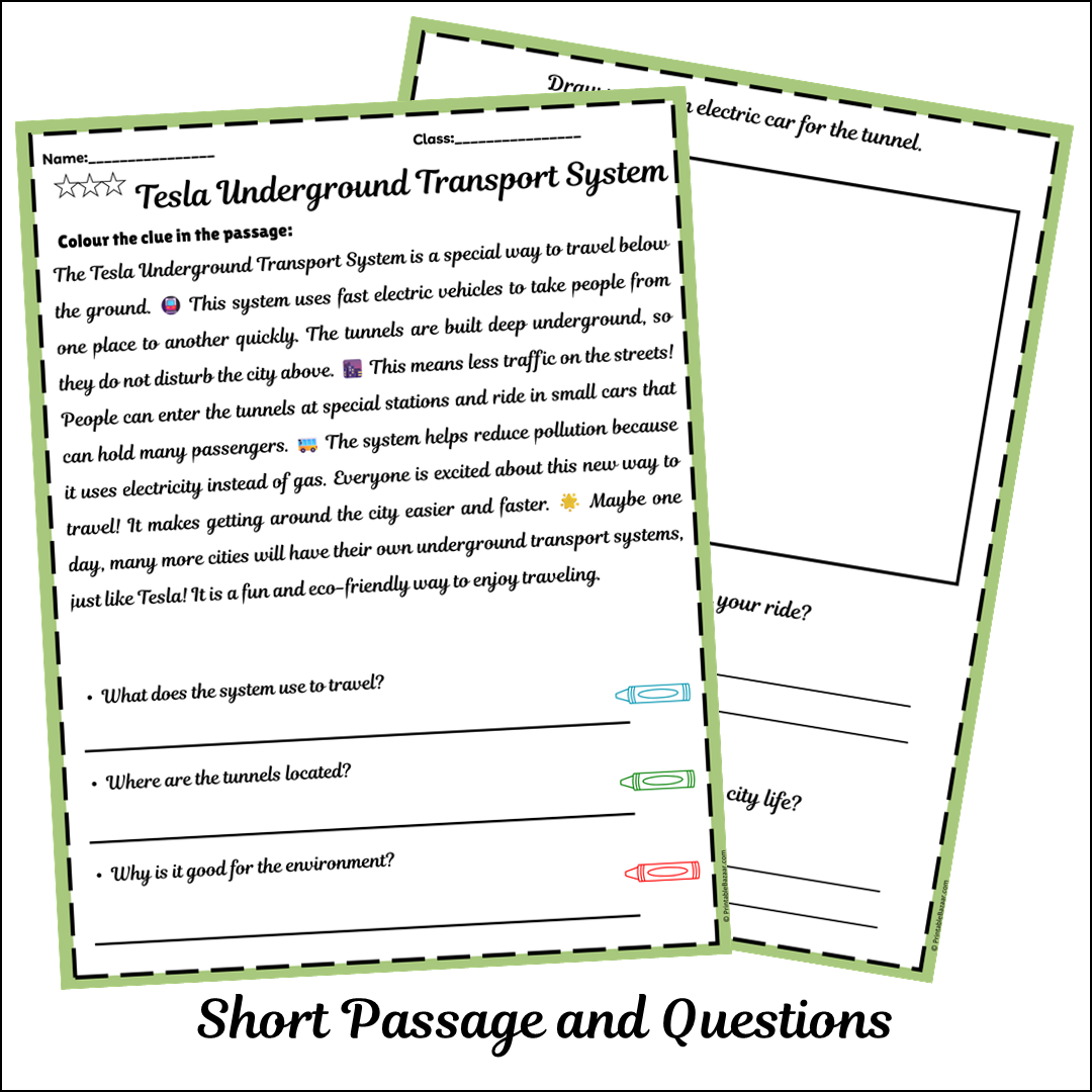 Tesla Underground Transport System | Short Reading Comprehension Creative Worksheet