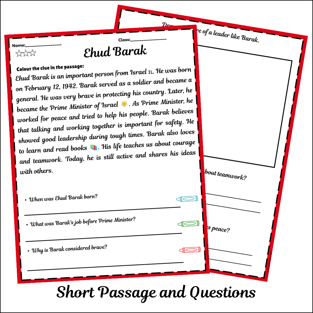 Ehud Barak | Short Reading Comprehension Creative Worksheet