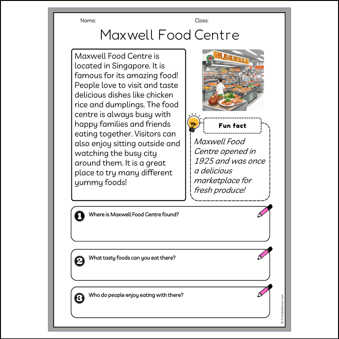 Maxwell Food Centre | Reading Passage Comprehension Questions Writing Facts Worksheet
