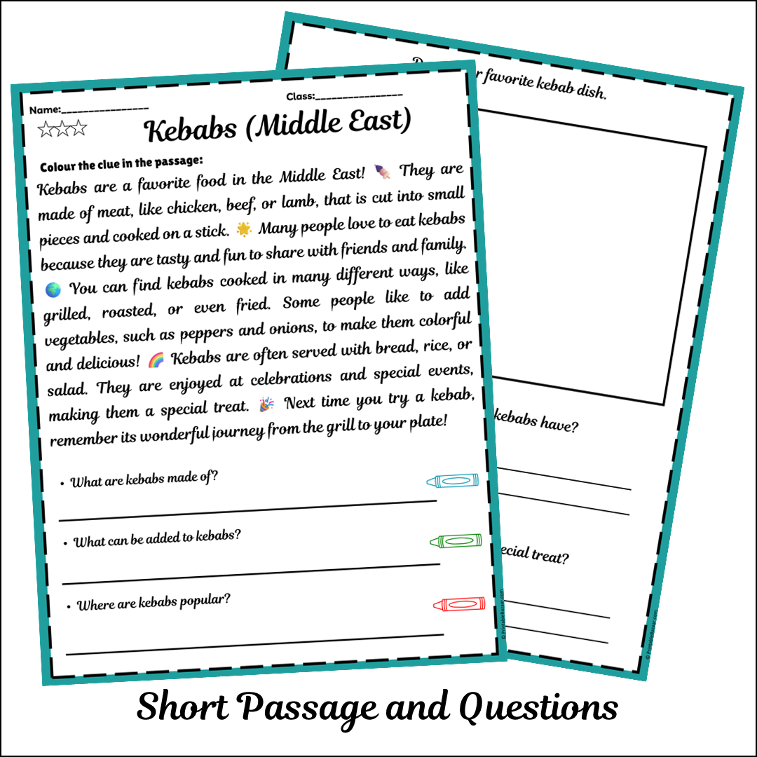 Kebabs (Middle East) | Short Reading Comprehension Creative Worksheet