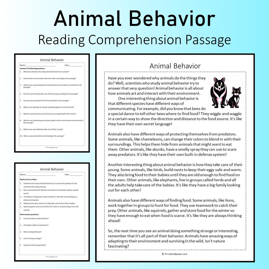 Animal Behavior | Reading Comprehension Passage Printable Worksheet