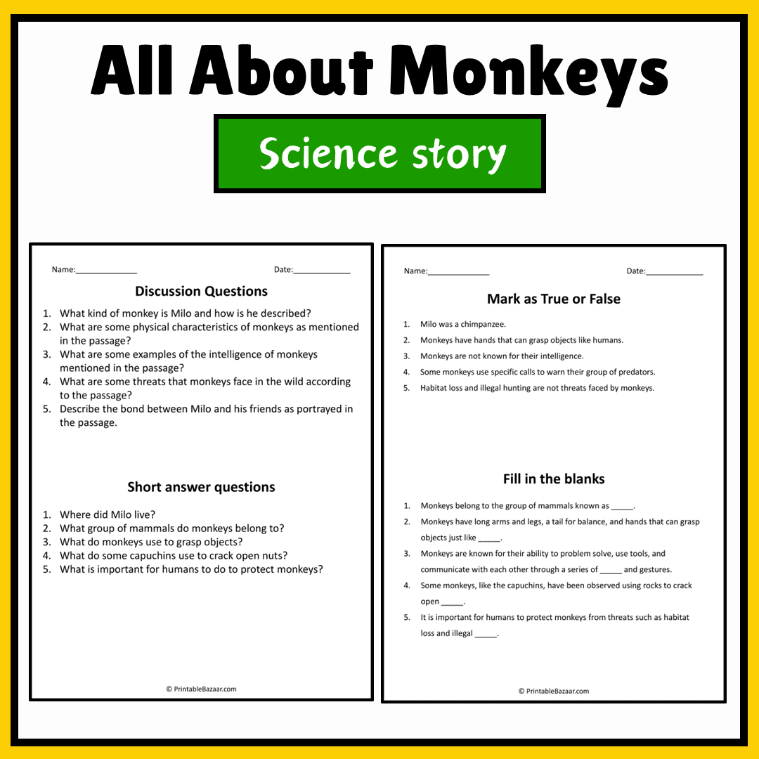 All About Monkeys | Science Story Reading Comprehension Activity