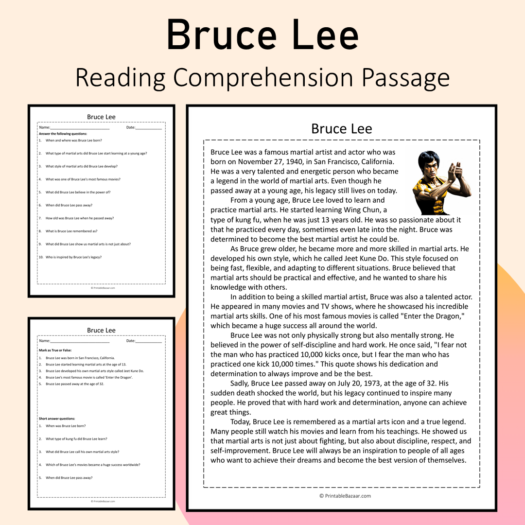 Bruce Lee | Reading Comprehension Passage Printable Activity