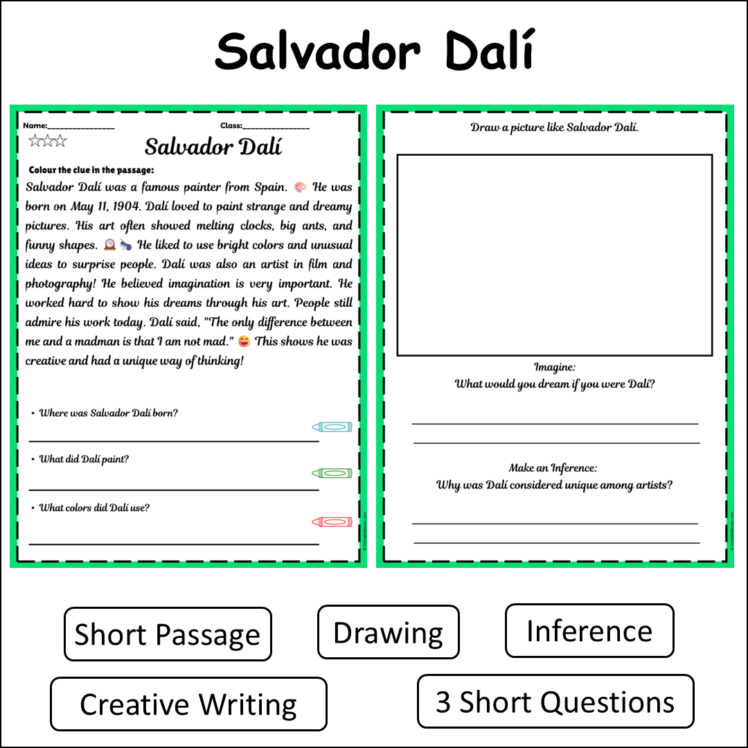 Salvador Dalí | Short Reading Comprehension Creative Worksheet
