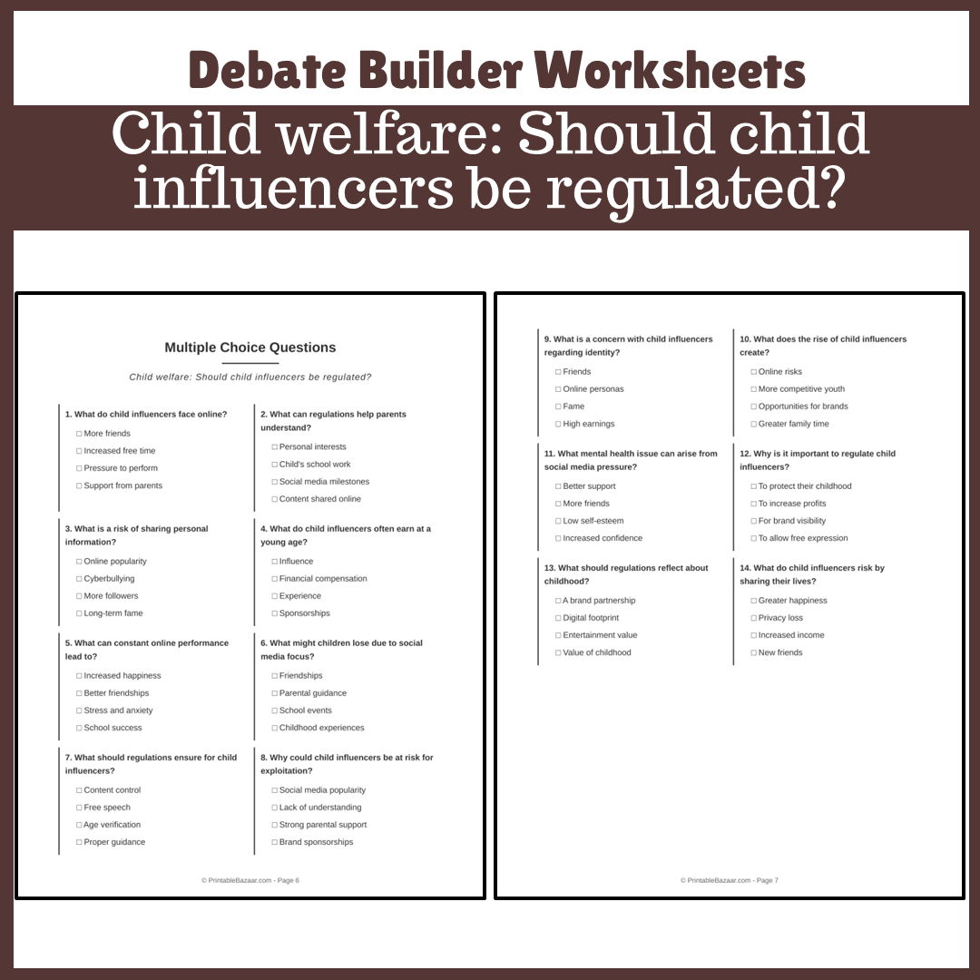 Child welfare: Should child influencers be regulated? | Favour and Against Worksheet Printable Activity