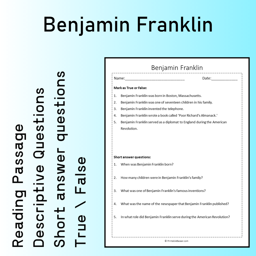 Benjamin Franklin | Reading Comprehension Passage Printable Worksheet