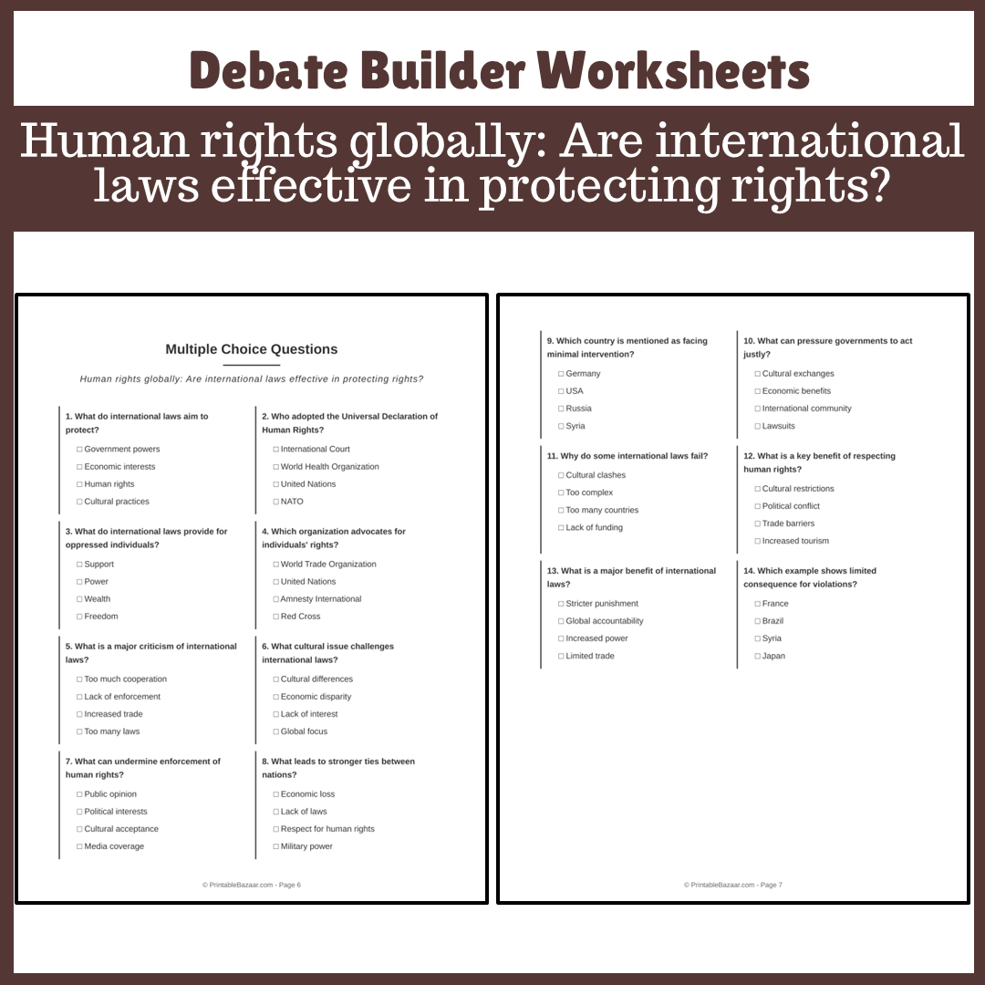 Human rights globally: Are international laws effective in protecting rights? | Favour and Against Worksheet Printable Activity