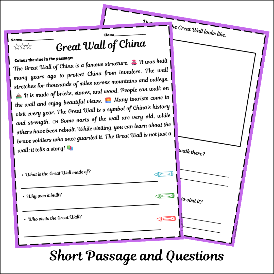 Great Wall of China | Short Reading Comprehension Creative Worksheet