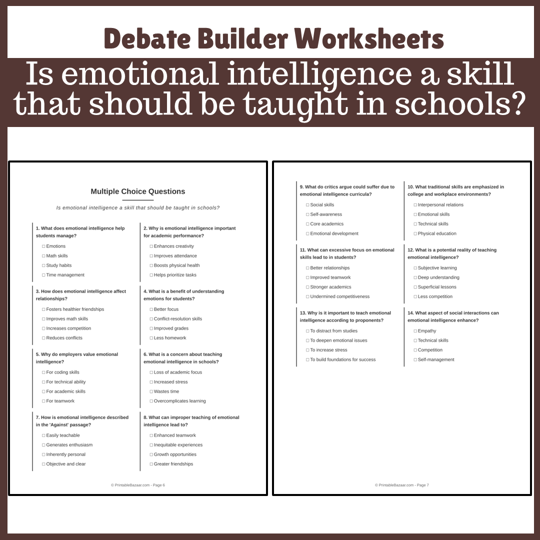 Is emotional intelligence a skill that should be taught in schools? | Favour and Against Worksheet Printable Activity