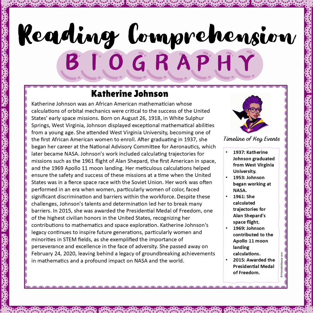 Katherine Johnson | Biography Reading Comprehension and Questions Worksheet