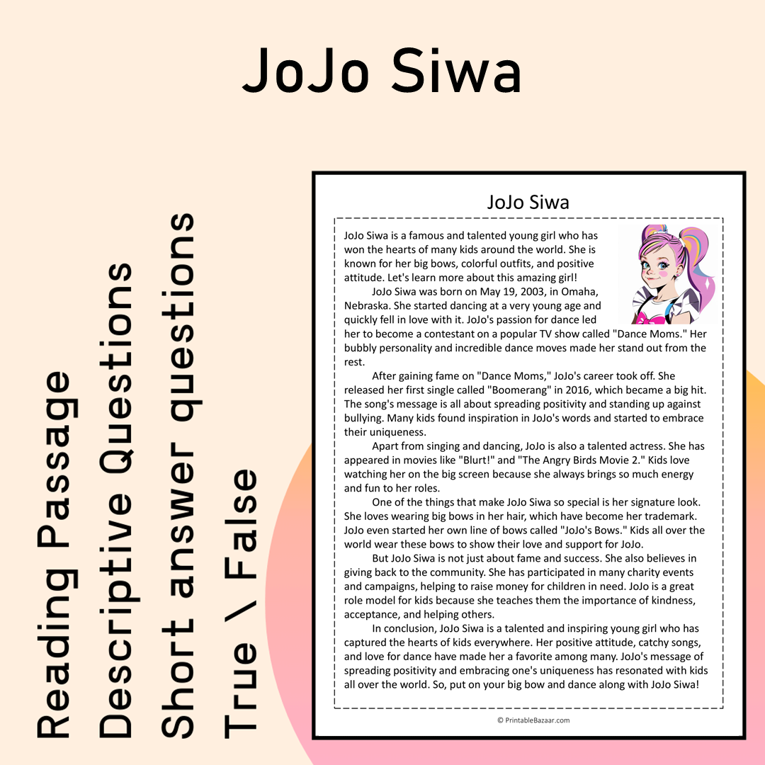 JoJo Siwa | Reading Comprehension Passage Printable Activity