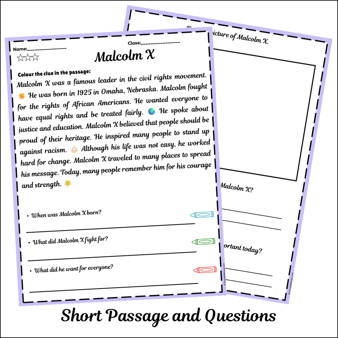 Malcolm X | Short Reading Comprehension Creative Worksheet