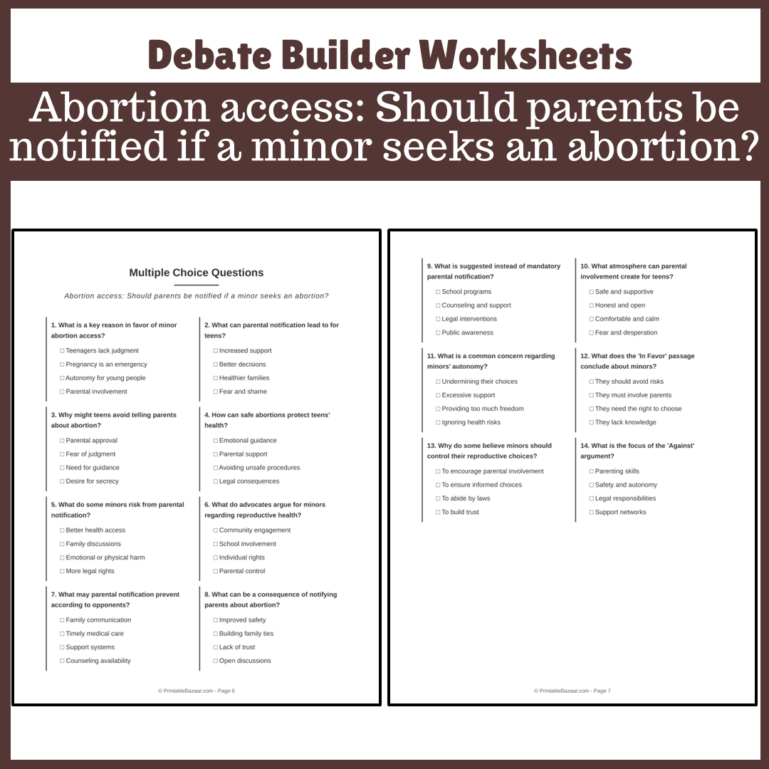 Abortion access: Should parents be notified if a minor seeks an abortion? | Favour and Against Worksheet Printable Activity