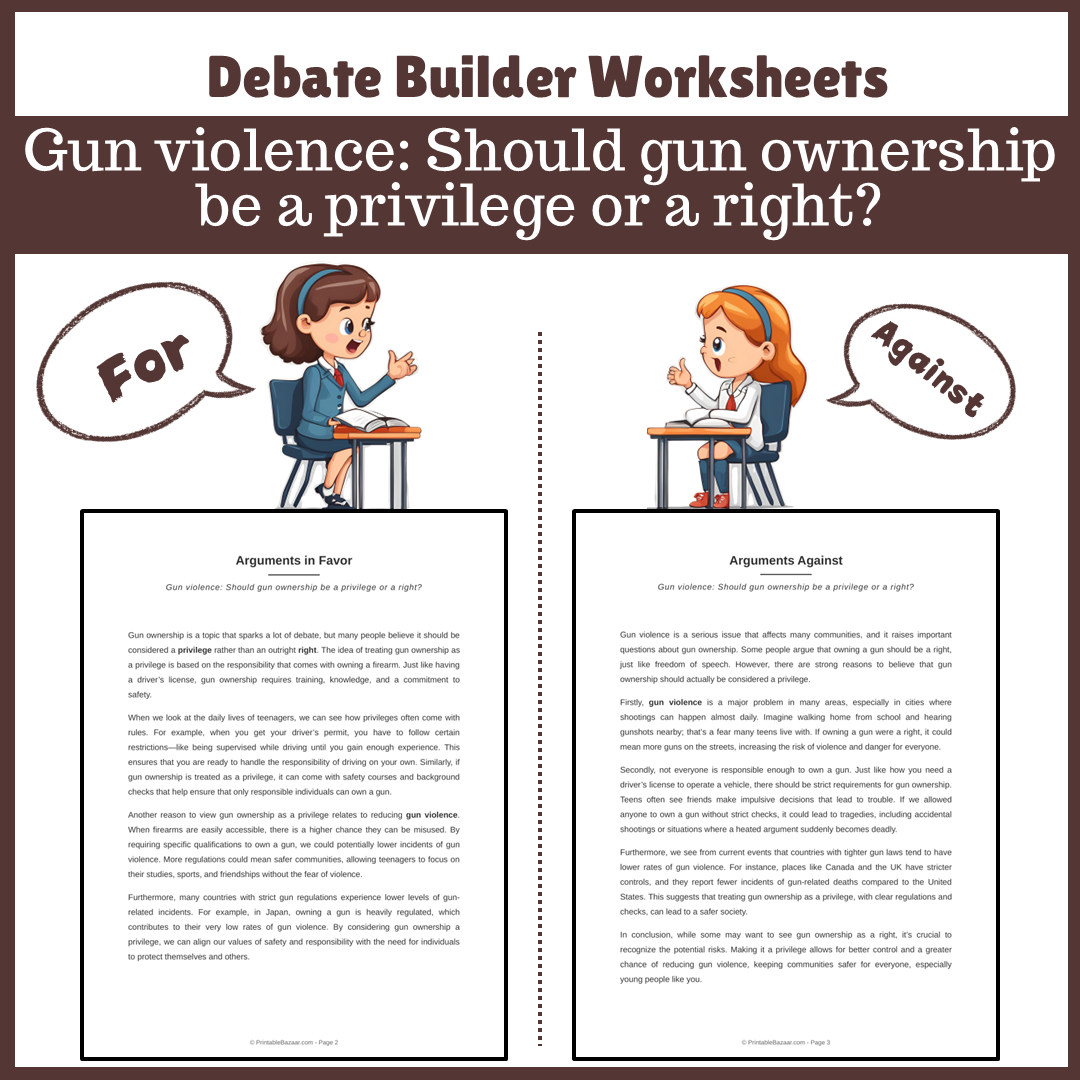 Gun violence: Should gun ownership be a privilege or a right? | Favour and Against Worksheet Printable Activity