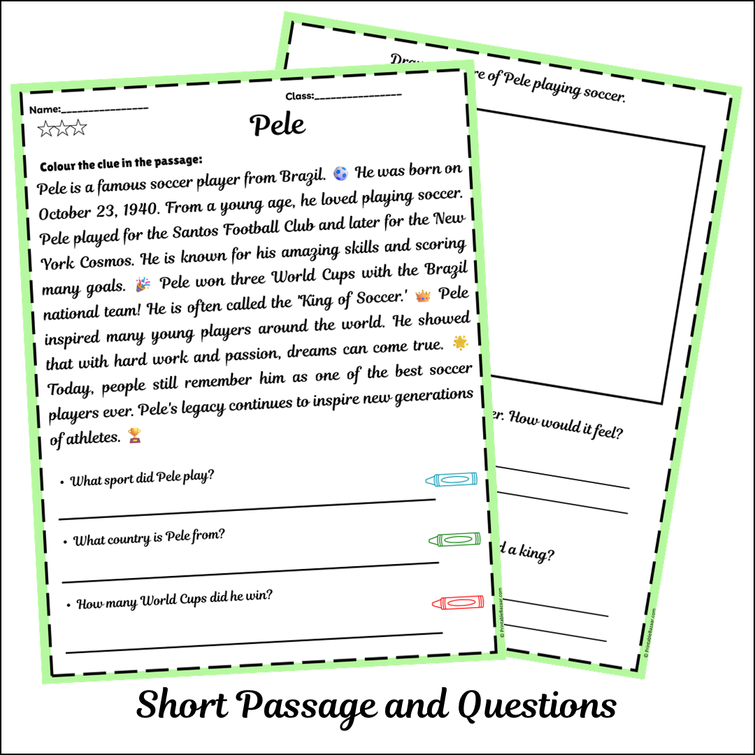 Pele | Short Reading Comprehension Creative Worksheet
