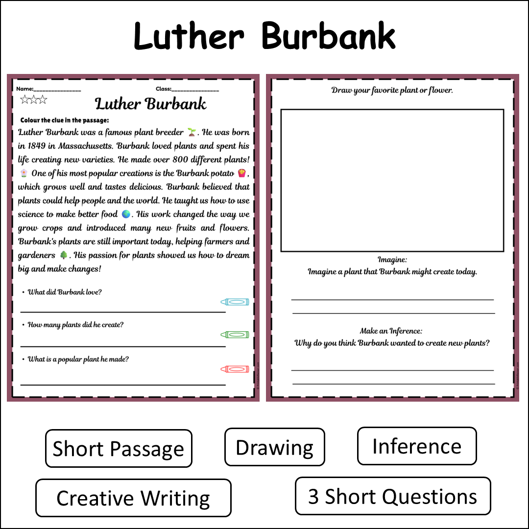Luther Burbank | Short Reading Comprehension Creative Worksheet