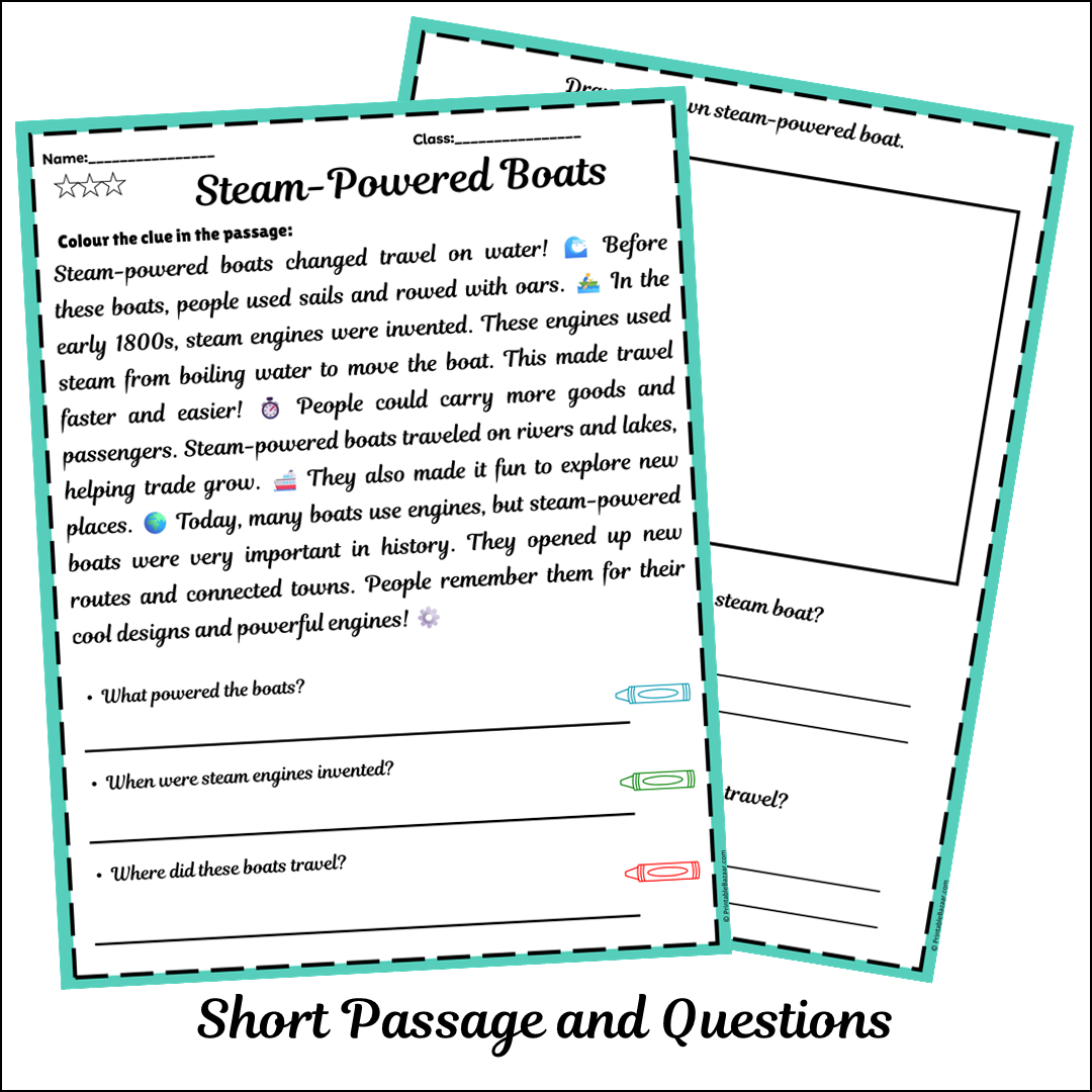 Steam-Powered Boats | Short Reading Comprehension Creative Worksheet