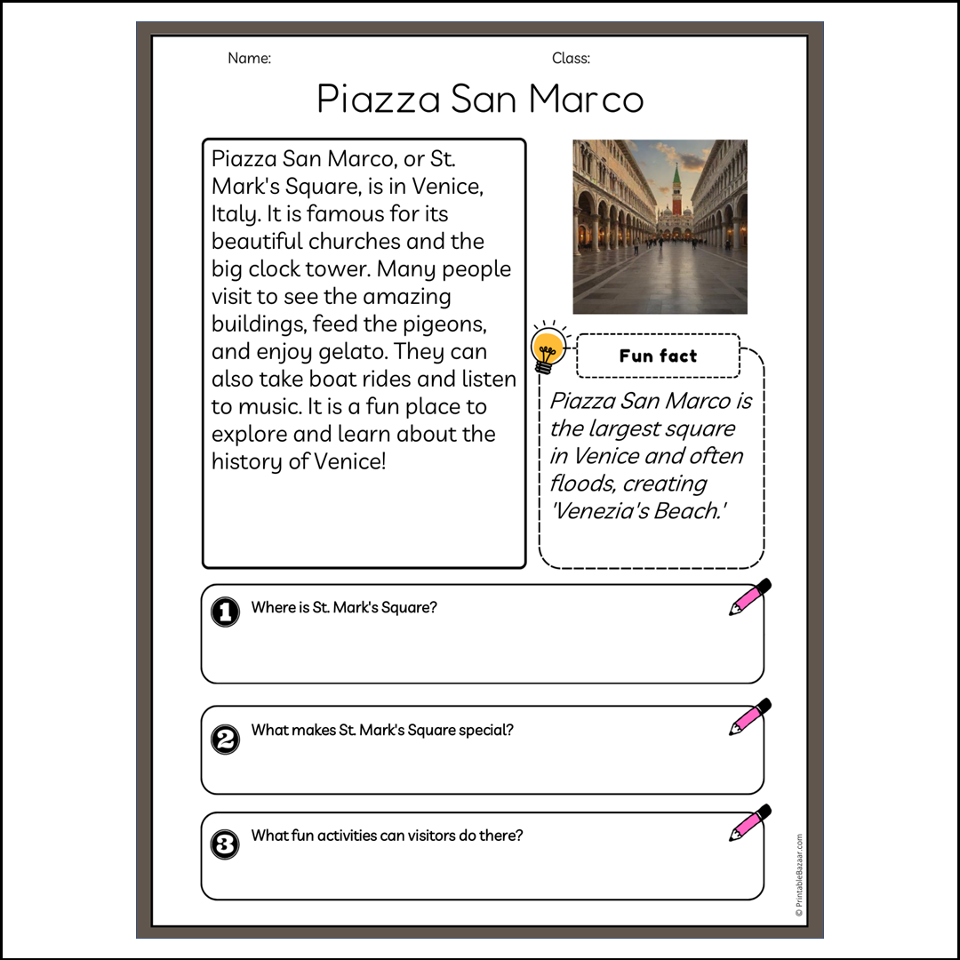 Piazza San Marco | Reading Passage Comprehension Questions Writing Facts Worksheet