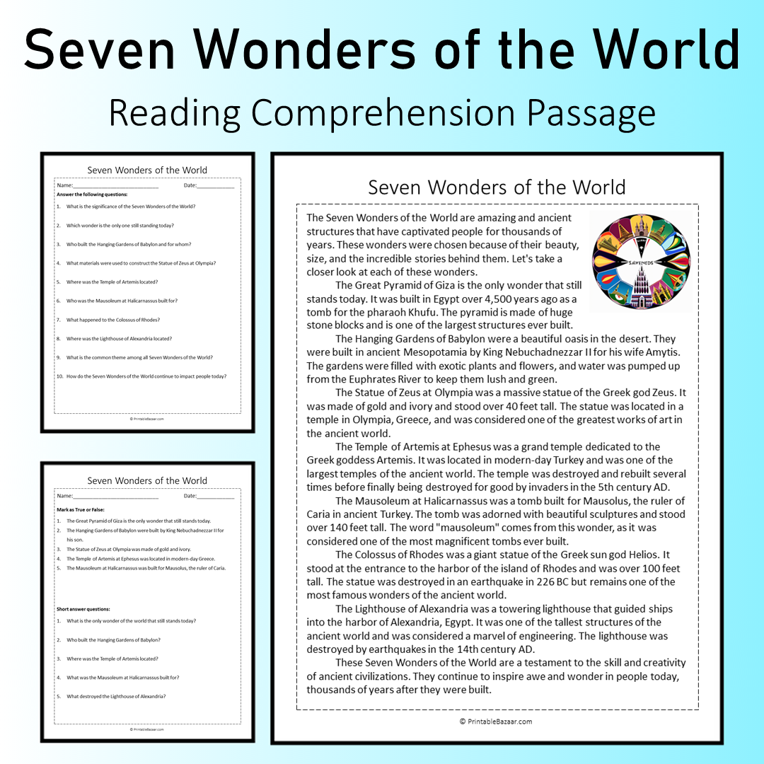 Seven Wonders of the World | Reading Comprehension Passage Printable Worksheet