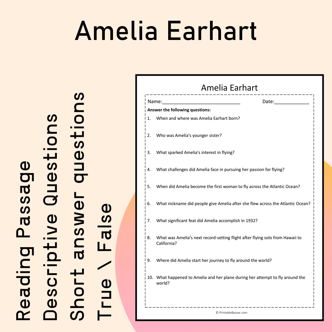 Amelia Earhart | Reading Comprehension Passage Printable Activity