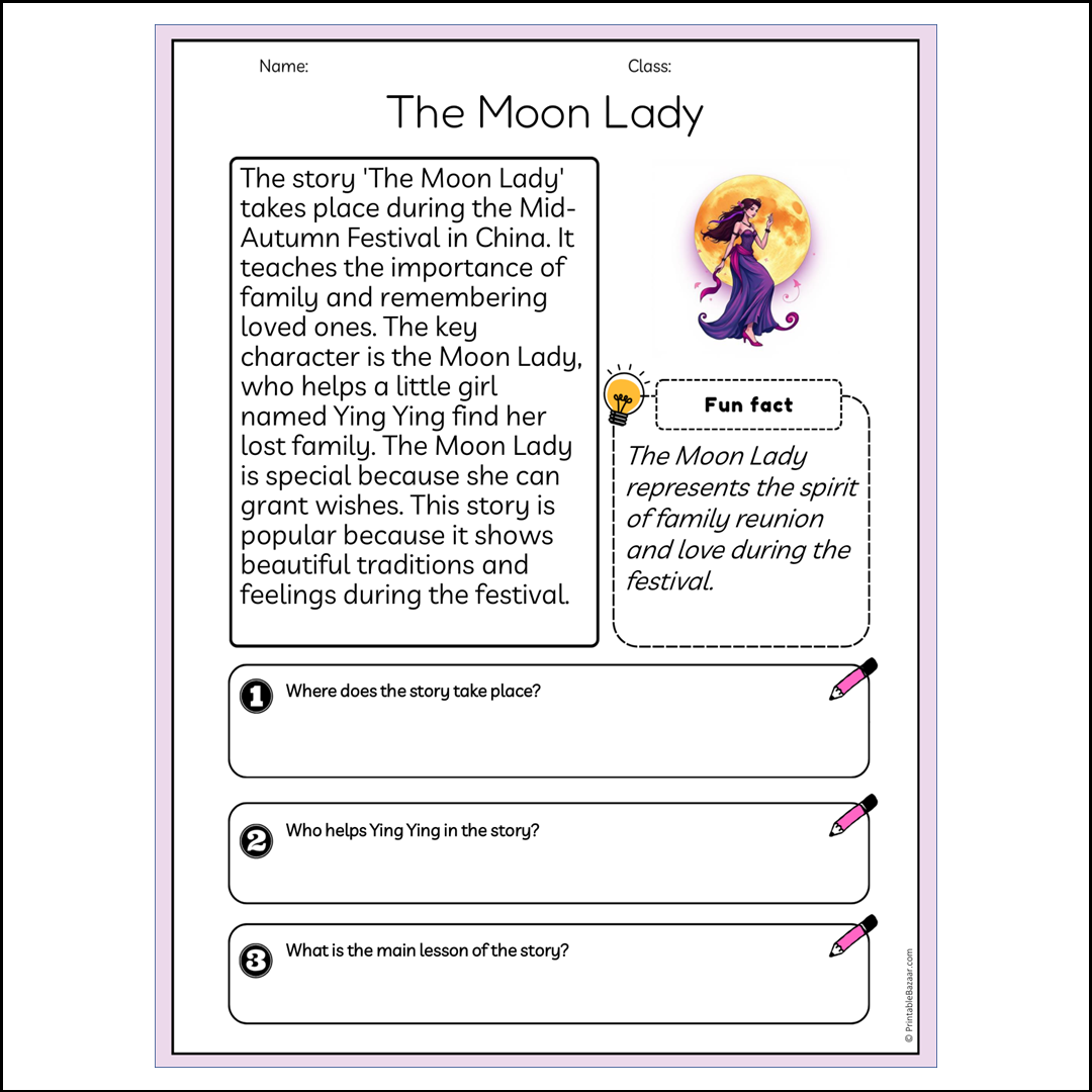 The Moon Lady | Reading Passage Comprehension Questions Writing Facts Worksheet