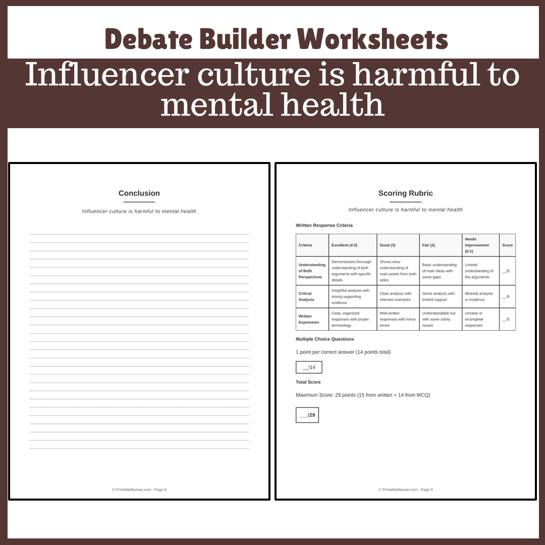 Influencer culture is harmful to mental health | Favour and Against Worksheet Printable Activity