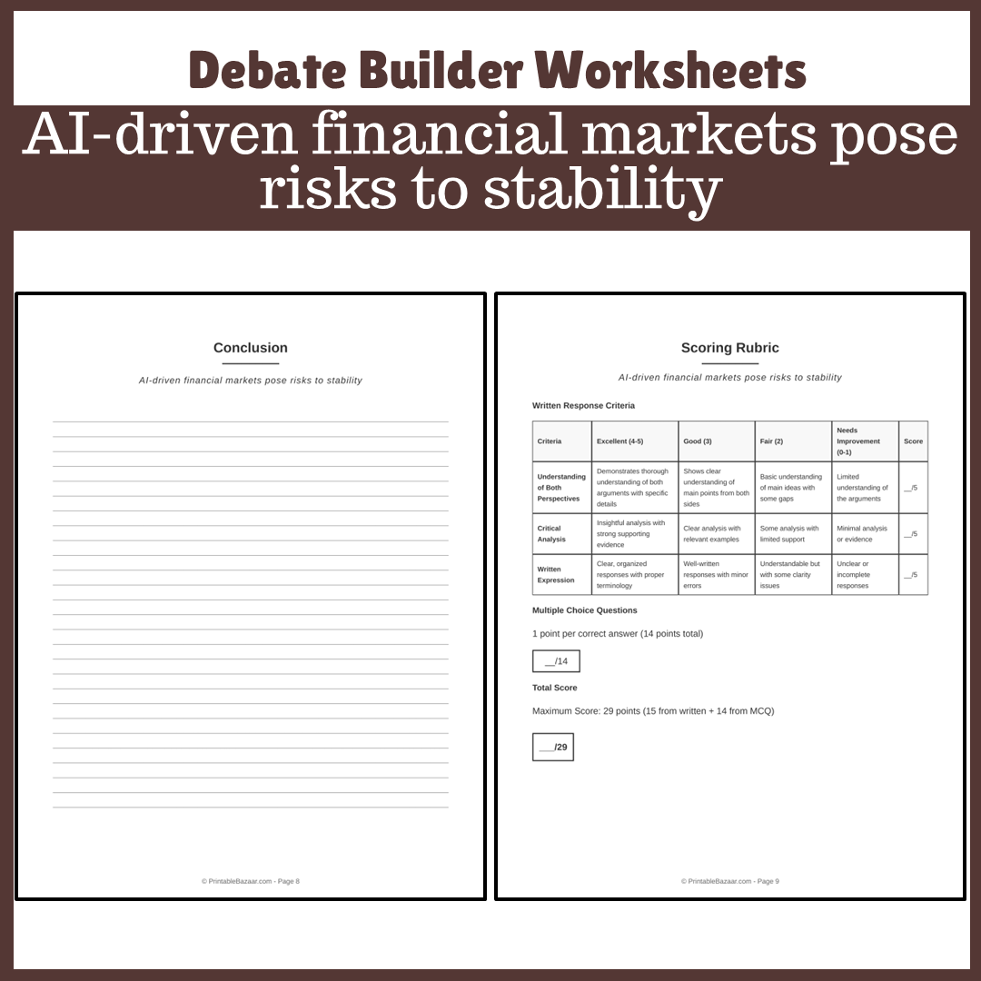 AI-driven financial markets pose risks to stability | Favour and Against Worksheet Printable Activity